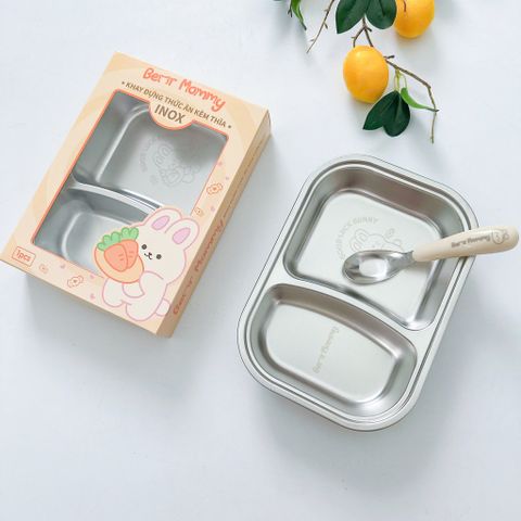 Set Khay INOX Bear Mommy Cao Cấp Có Kèm Thìa Ăn Dặm Cho Bé, Dụng Cụ Ăn Dặm, Khay Ăn Dặm Inox Dễ Vệ Sinh Chống Vỡ