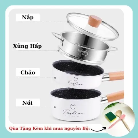 [KÈM QUÀ] Bộ Nồi Chảo Fashion Chiên, Hấp, Luộc, Xào, Nấu Cháo...cho Bé, Quánh Quấy Bột Có Xửng - Phong Cách Hàn Quốc