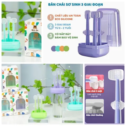 Set 3 Bàn Chải Rơ Lưỡi Mini On Silicone 3 Giai Đoạn Phát Triển Răng Nướu_Có Hộp Đựng Kiêm Cốc Súc Miệng Cho Bé Từ 0-18m