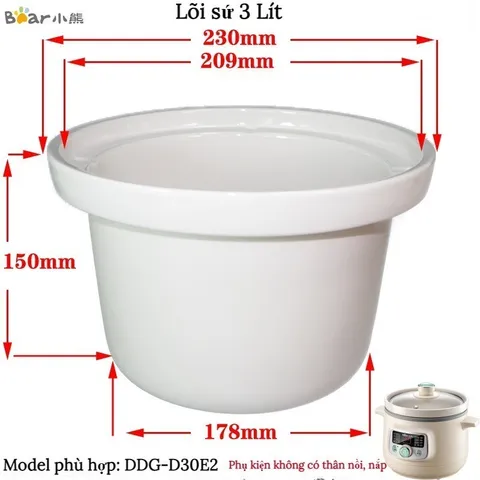 [THANH LÝ] Lõi Nồi Sứ 3 Lít Dùng Cho Model Bear D30H5, D30E2, BlueStone SCB-6123, Ruột Nồi Sứ Nhiệt Trực Tiếp 3L