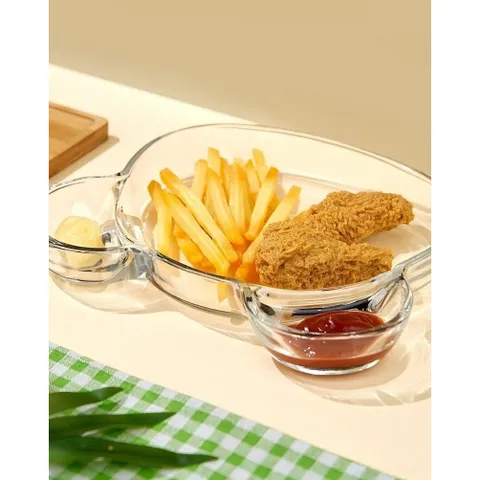 Đĩa Thủy Tinh Hình Gấu với Khay Đựng Nước Chấm - Trang Trí Bàn Ăn Xinh Xắn, Decor Tiệc Độc Đáo và Tiện Lợi