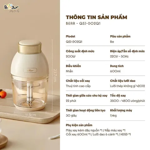 Máy Xay Bear 0.6L Cối Thủy Tinh QSJ-D02Q1 - Máy Xay Ăn Dặm Cao Cấp Cho Bé - Đồ Gia Dụng Bếp Thông Minh, Bảo Hành 18 Tháng