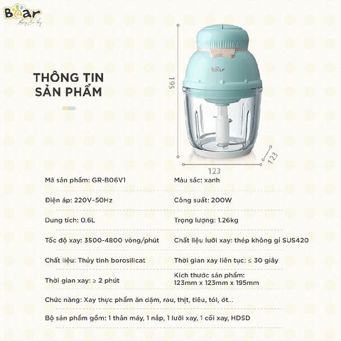 Phụ Kiện Máy Xay Sinh Tố Bear QSJ-C02K1 - Cối Thủy Tinh 0.6L, Lưỡi Dao Inox, Công Suất 200W, Thiết Kế Tháo Rời Dễ Dàng Vệ Sinh