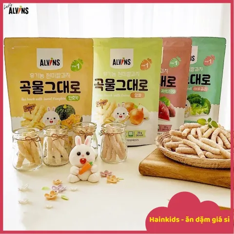 Bánh Ăn Dặm Alvins, Bánh Gạo Lứt Ăn Dặm Hữu Cơ (HÌNH QUE) ALVIN'S Hàn Quốc Cho Bé 6M Thơm Ngon, Dễ Tan (Date 9.2025)