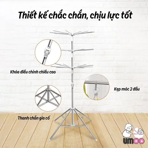 Cây Phơi Đồ Cho Bé Umoo UM-09116, Sào Phơi đồ Inox Gấp Gọn Cho Bé, Cây Phơi đồ Sơ Sinh, Khăn Sữa, áo Quần