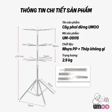 Cây Phơi Đồ Cho Bé Umoo UM-09116, Sào Phơi đồ Inox Gấp Gọn Cho Bé, Cây Phơi đồ Sơ Sinh, Khăn Sữa, áo Quần