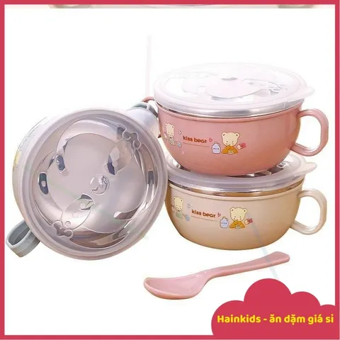 (Kèm Thìa + Nắp) Bát/chén Inox 2 Lớp, Chén Đựng Cháo, Bột 2 Lớp Cách Nhiệt Cho Bé Ăn Dặm, Bát Inox Chống Phỏng, Chén Bột