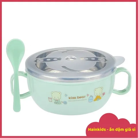 (Kèm Thìa + Nắp) Bát/chén Inox 2 Lớp, Chén Đựng Cháo, Bột 2 Lớp Cách Nhiệt Cho Bé Ăn Dặm, Bát Inox Chống Phỏng, Chén Bột