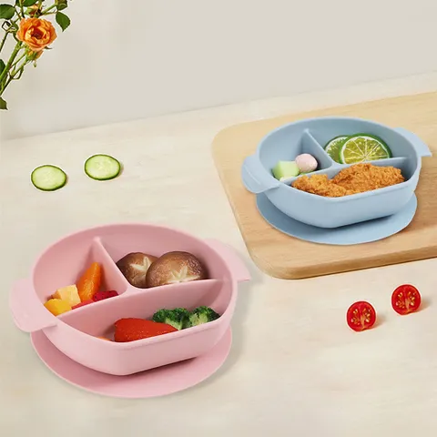 Khay Silicon Chia 3 Ngăn, đế Hít, Có Tay Cầm Tiện Dụng, Khay ăn BLW Cho Bé, Khay ăn Dặm Chất Liệu Silicon