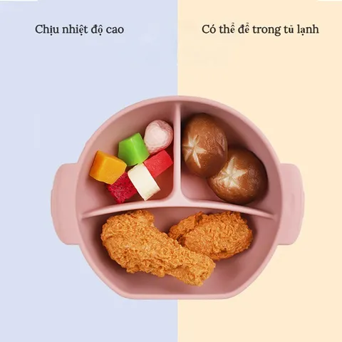 Khay Silicon Chia 3 Ngăn, đế Hít, Có Tay Cầm Tiện Dụng, Khay ăn BLW Cho Bé, Khay ăn Dặm Chất Liệu Silicon
