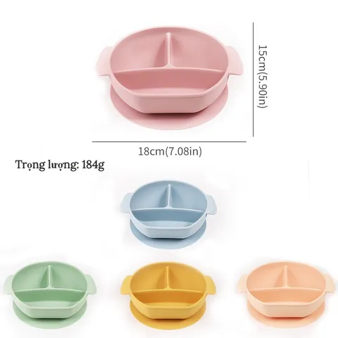 Khay Silicon Chia 3 Ngăn, đế Hít, Có Tay Cầm Tiện Dụng, Khay ăn BLW Cho Bé, Khay ăn Dặm Chất Liệu Silicon