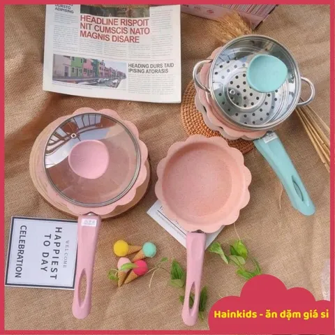 Bộ Nồi Chảo Chế Biến Món Ăn Dặm Hình Hoa Cao Cấp - Nồi Chống Dính 6 Lớp Nhập Nhật, Tặng Thìa Silicon cho Bé