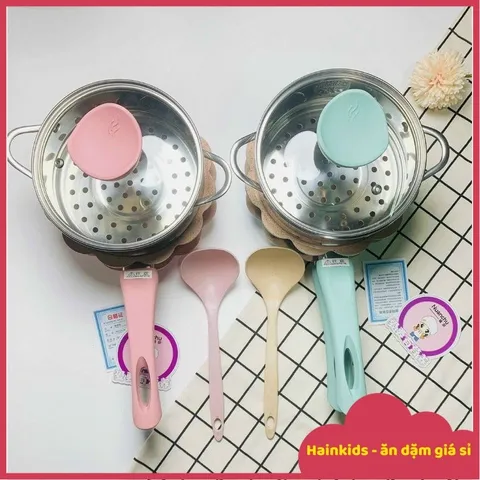 Bộ Nồi Chảo Chế Biến Món Ăn Dặm Hình Hoa Cao Cấp - Nồi Chống Dính 6 Lớp Nhập Nhật, Tặng Thìa Silicon cho Bé