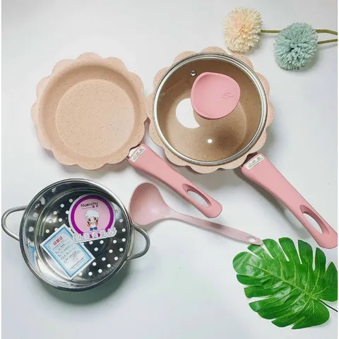 Bộ Nồi Chảo Chế Biến Món Ăn Dặm Hình Hoa Cao Cấp - Nồi Chống Dính 6 Lớp Nhập Nhật, Tặng Thìa Silicon cho Bé