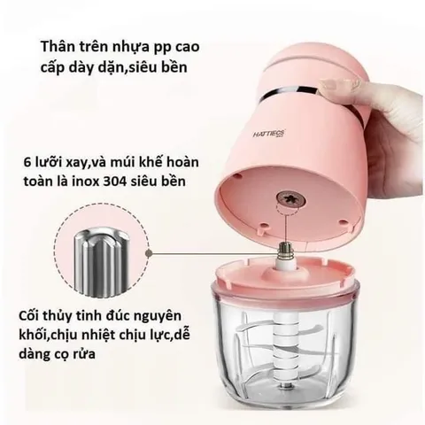 Máy Xay Mini Hattiecs 6 Lưỡi 0.3L Cho Bé - Máy Xay Thủy Tinh Tiện Dụng Kèm Quà Tặng Dây Buộc Tóc Hoa Cúc Xinh Xắn