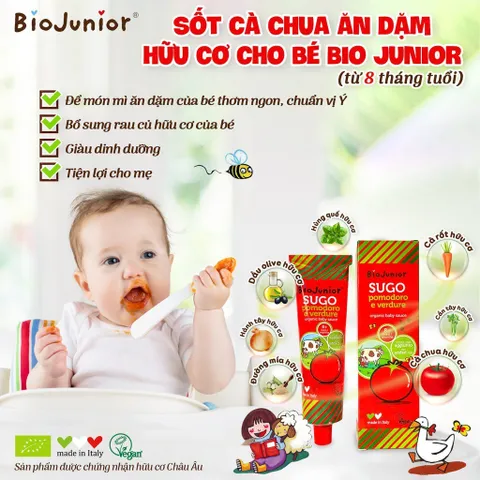 Sốt Cà Chua Hữu Cơ Cho Bé Bio Junior 150g, Sốt Cà Chua Hữu Cơ BioJunior Cho Bé ăn Dặm, Thơm Ngon Nui, Cá, Tôm... Sốt Cà