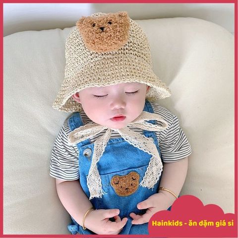 Mũ Nón Cói Mềm, Dáng Bucket Phong Cách Hàn Quốc, Đính Gấu Bông Xù Dễ Thương, Có Dây Cột Chất Liệu Ren Điệu Đà Cho Bé Yêu