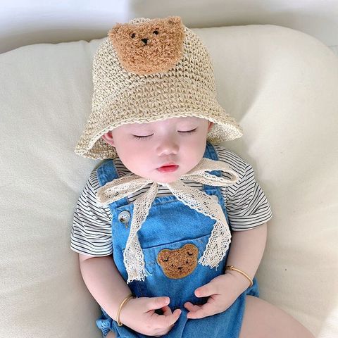 Mũ Nón Cói Mềm, Dáng Bucket Phong Cách Hàn Quốc, Đính Gấu Bông Xù Dễ Thương, Có Dây Cột Chất Liệu Ren Điệu Đà Cho Bé Yêu