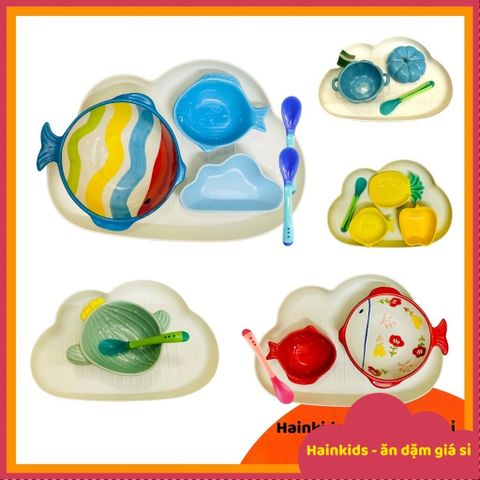Combo Bát Sứ Ăn Dặm Nhật Bản Cho Bé - Set Bát Ăn Dặm Siêu Xinh Kèm Khay và Thìa An Toàn Cho Trẻ 5M+