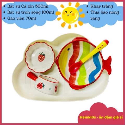 Combo Bát Sứ Ăn Dặm Nhật Bản Cho Bé - Set Bát Ăn Dặm Siêu Xinh Kèm Khay và Thìa An Toàn Cho Trẻ 5M+