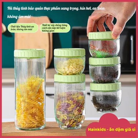 Hũ Thủy Tinh Chứa Thực Phẩm, Ngũ Cốc, Thiết Kế Tiện Lợi, Chống ẩm Có Thể Xếp Chồng Lên Nhau, Chất Liệu An Toàn