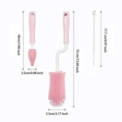 Cọ Bình Sữa Silicon 3 Chi Tiết, Tay Cầm 360 Độ Dùng Cho Mọi Loại Bình Sữa, Cốc, Ly, Bình Nước
