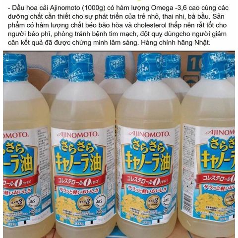 Dầu Hạt Cải Ajinomoto 1 Lít, Chính Hãng Nhật - Date 6.2025