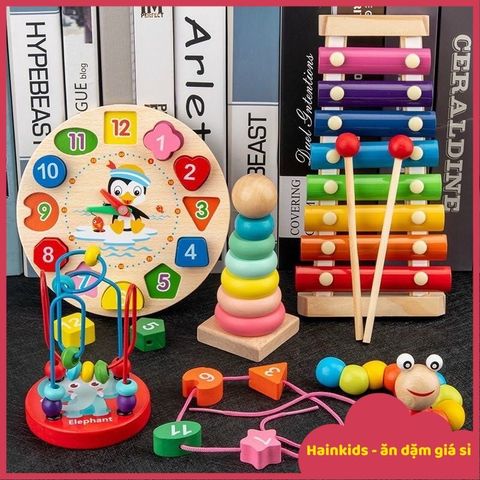 Bộ Đồ Chơi Gỗ Montessori 6 Món – Đàn, Tháp Chồng, Sâu Gỗ, Luồn Hạt, Đồng Hồ Gỗ Giúp Bé Phát Triển Giác Quan Và Kỹ Năng Tư Duy