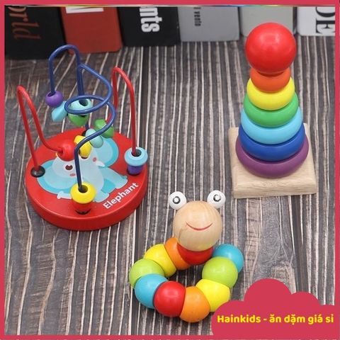Bộ Đồ Chơi Gỗ Montessori 6 Món – Đàn, Tháp Chồng, Sâu Gỗ, Luồn Hạt, Đồng Hồ Gỗ Giúp Bé Phát Triển Giác Quan Và Kỹ Năng Tư Duy
