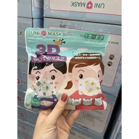 Khẩu Trang Hình Gấu 4D UNIMASK/KICHI An Toàn, Thoải Mái Cho Bé 1-6 Tuổi - Bảo Vệ Mặt, Chống Bụi, Dễ Đeo, Cute, 3 Chiếc/ Túi Zip