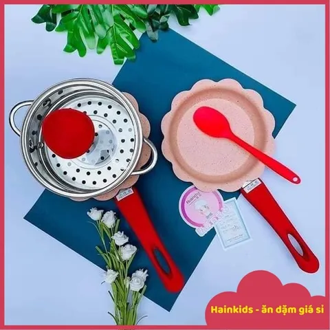 (MUA 1 ĐƯỢC 5) Bộ Nồi Chế Biến Đồ ăn Dặm Cho Bé, Quánh Bột, Chảo, Xửng Hấp, Nắp Thuỷ Tinh Kèm Vá