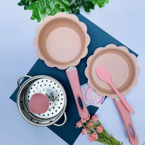 (MUA 1 ĐƯỢC 5) Bộ Nồi Chế Biến Đồ ăn Dặm Cho Bé, Quánh Bột, Chảo, Xửng Hấp, Nắp Thuỷ Tinh Kèm Vá