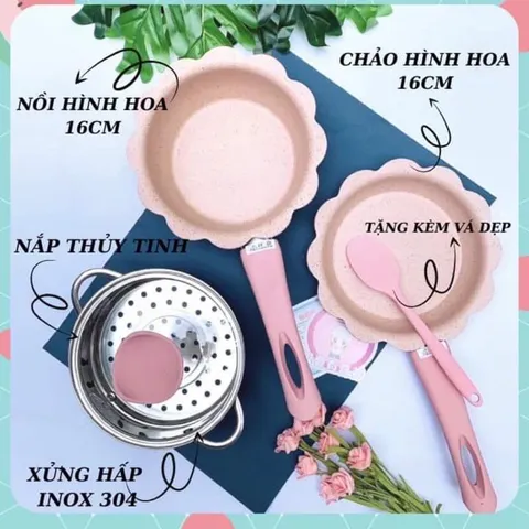 (MUA 1 ĐƯỢC 5) Bộ Nồi Chế Biến Đồ ăn Dặm Cho Bé, Quánh Bột, Chảo, Xửng Hấp, Nắp Thuỷ Tinh Kèm Vá