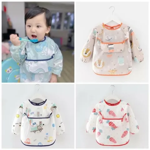 Áo Yếm Cho Bé Ăn BLW Dài Tay 2 Lớp Chất Liệu Cotton Chống Thấm Nước Cho Bé Ăn Dặm