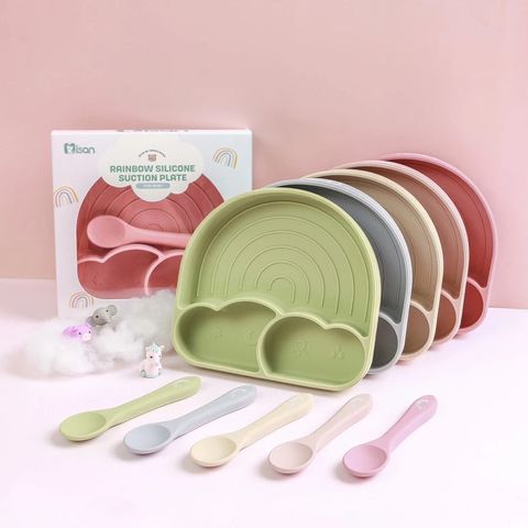 Khay Cầu Vồng Silicon Chia Ngăn Misan Kèm Thìa Hít Chống Đổ - Khay Ăn Dặm BLW Cho Bé An Toàn, Thông Minh, Tiện Lợi