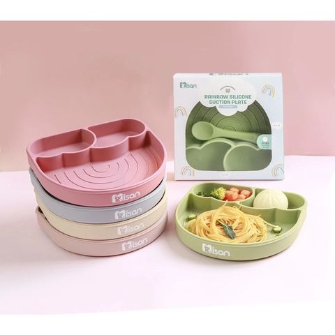 Khay Cầu Vồng Silicon Chia Ngăn Misan Kèm Thìa Hít Chống Đổ - Khay Ăn Dặm BLW Cho Bé An Toàn, Thông Minh, Tiện Lợi