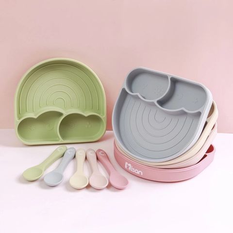 Khay Cầu Vồng Silicon Chia Ngăn Misan Kèm Thìa Hít Chống Đổ - Khay Ăn Dặm BLW Cho Bé An Toàn, Thông Minh, Tiện Lợi