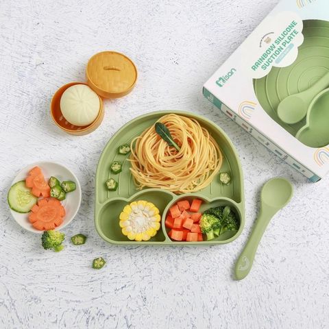 Khay Cầu Vồng Silicon Chia Ngăn Misan Kèm Thìa Hít Chống Đổ - Khay Ăn Dặm BLW Cho Bé An Toàn, Thông Minh, Tiện Lợi