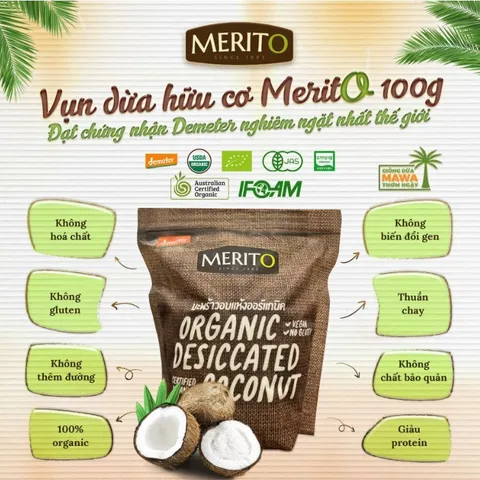 (DATE10.2024)VỤN DỪA HỮA CƠ MeritO 100g, Vụn Dừa Rắc Bánh, Món ăn Phụ Cho Bé, Vụn Dừa MERITO ORGANIC, Nhập Khẩu Thái Lan