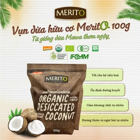 (DATE10.2024)VỤN DỪA HỮA CƠ MeritO 100g, Vụn Dừa Rắc Bánh, Món ăn Phụ Cho Bé, Vụn Dừa MERITO ORGANIC, Nhập Khẩu Thái Lan
