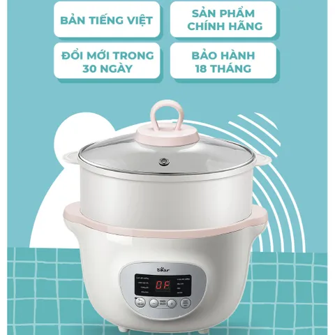 (BẢN TIẾNG VIỆT-BH 18M) Nồi Bear 1L6, Nồi Nấu Cháo Chậm, Nồi Hầm đa Năng Full Bộ 3 Thố Sứ Kèm Hấp, Bear 1.6L, 1,6 Lít