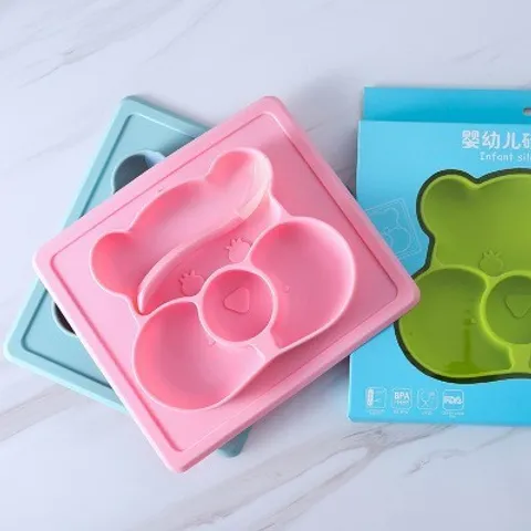 Khay ăn Dặm Silicon Hút Chân Không Hình Gấu Kèm Thìa, Khay ăn Dặm BLW Có đế Hít Siêu To, Chống đổ, Chống Lật Tuyệt đố