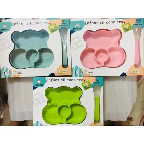Khay ăn Dặm Silicon Hút Chân Không Hình Gấu Kèm Thìa, Khay ăn Dặm BLW Có đế Hít Siêu To, Chống đổ, Chống Lật Tuyệt đố