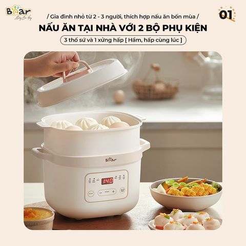 [TIẾNG VIỆT-BEAR SB-NNC16] Nồi Nấu Chậm Bear 1L6, Hầm Cháo, Chưng Yến, Vừa Nấu Cháo Vừa Hấp, Dung Tích 1,6L 1.6 Lít