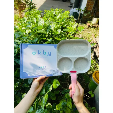 Chảo 3 Ngăn OKBY, Chảo Đá Chống Dính Đáy Từ, Tay Cầm Silicon Chống Phỏng, Dùng Chiên Xào, Chế Biến Đồ Ăn Dặm