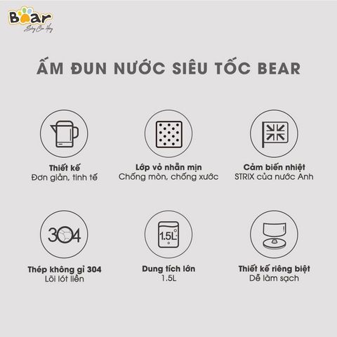 Ấm/ Bình Đun Siêu Tốc Bear ZDH-B15T1 dung tích 1.5 lít, công suất 1500W
