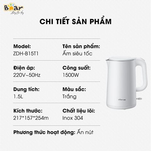 Ấm/ Bình Đun Siêu Tốc Bear ZDH-B15T1 dung tích 1.5 lít, công suất 1500W