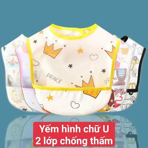 Yếm Ăn Dặm Cho Bé, Yếm Hình Chữ U 2 Lớp, Chống Thấm Cho Bé Ăn Dặm, Uống Sữa, Có Máng Hứng Ngang, Siêu Gọn Nhẹ