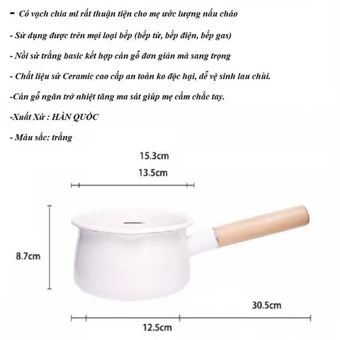 Nồi Sứ Modui Size 16cm (Không Nắp), Quánh Bột Chế Biến Đồ Ăn Dặm Cho Bé, Nồi Chia Vạch Định Lượng, Cán Gỗ Chống Phỏng
