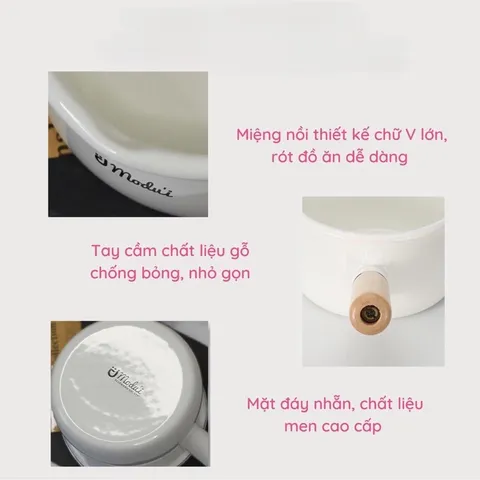 Nồi Sứ Modui Size 16cm (Không Nắp), Quánh Bột Chế Biến Đồ Ăn Dặm Cho Bé, Nồi Chia Vạch Định Lượng, Cán Gỗ Chống Phỏng